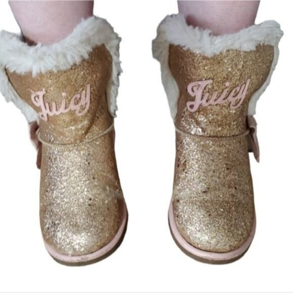 Juicy Couture Boots Bling Glitter Winter Snow Furry Gold Pink Big Girls SIZE 3 - Picture 2 of 16
